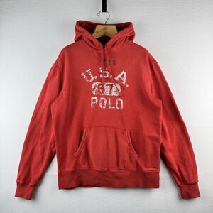 Distressed Polo Ralph Lauren Hoodie Men's Large USA Polo 67 Coral Red Orange